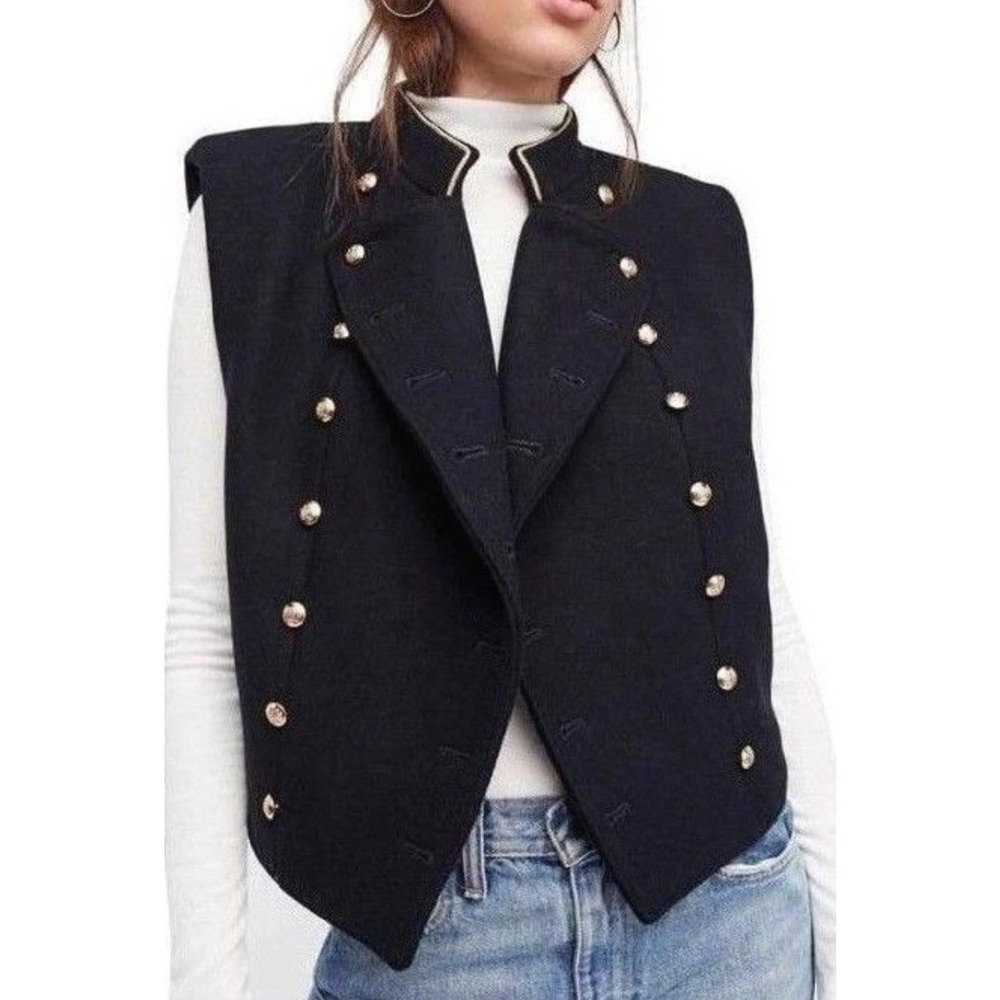 Free People Black Military-Style Button Vest with Gold Trim